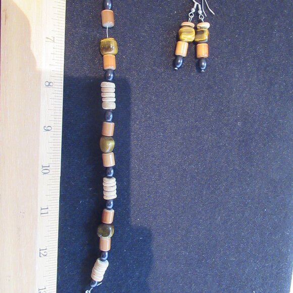 Boho Hippie, Tiger's eye & bead bracelet, earrings, set. Brown, Vintage, - Picture 8 of 8
